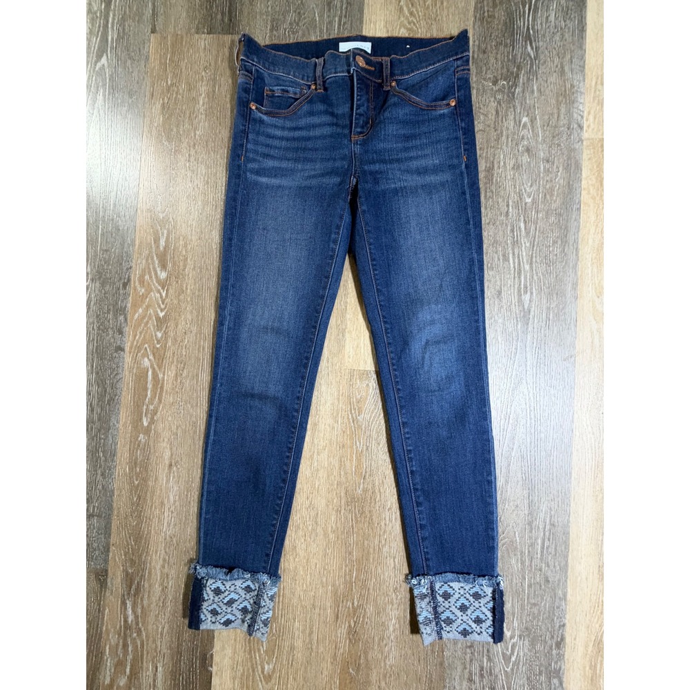 Loft Skinny Jeans Womens Size 0 25 Dark Wash Embroidered Fringed Cuff Denim
